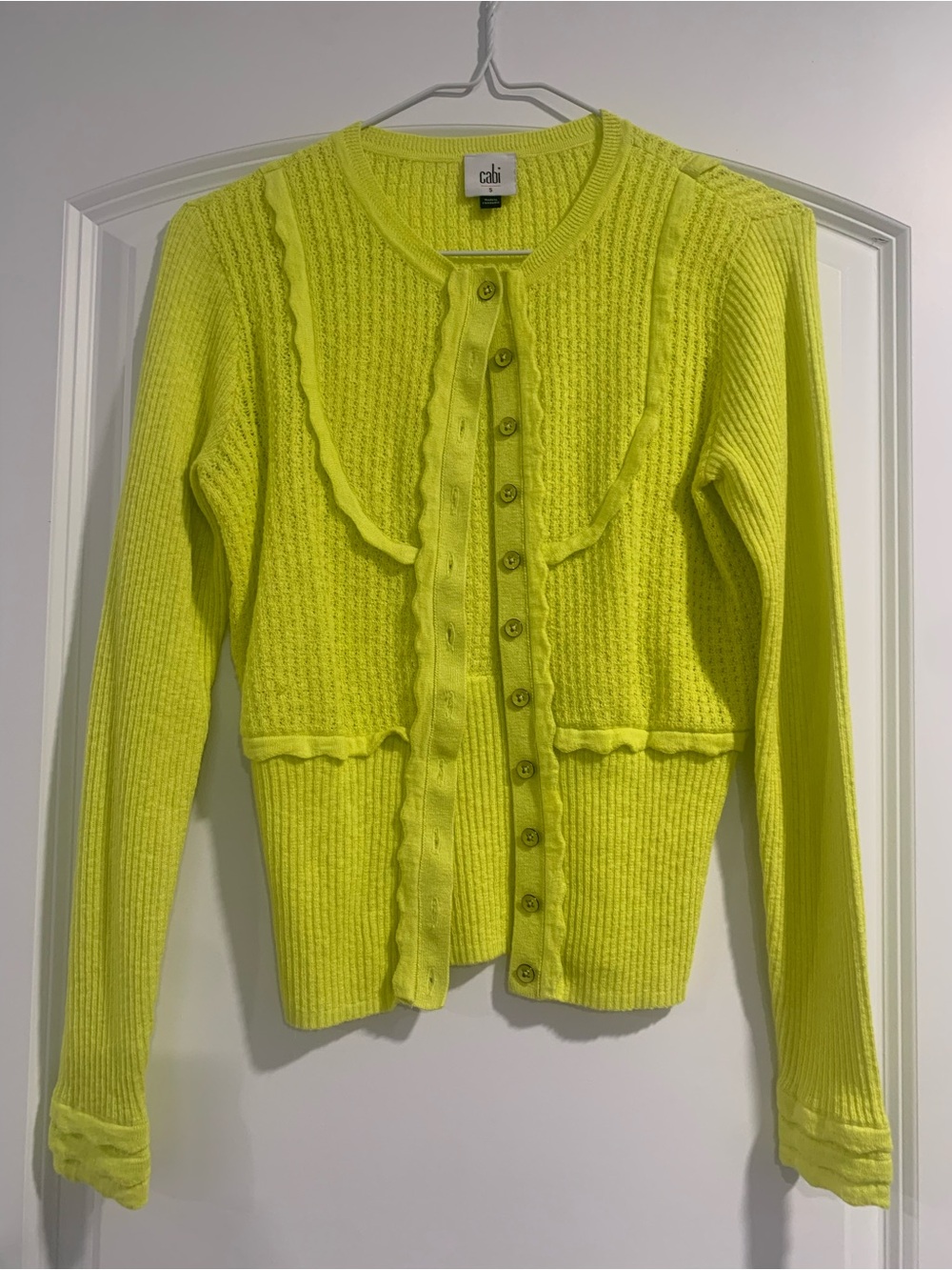 CAbi Neon Yellow Ruffle-Trim Knit Cardigan